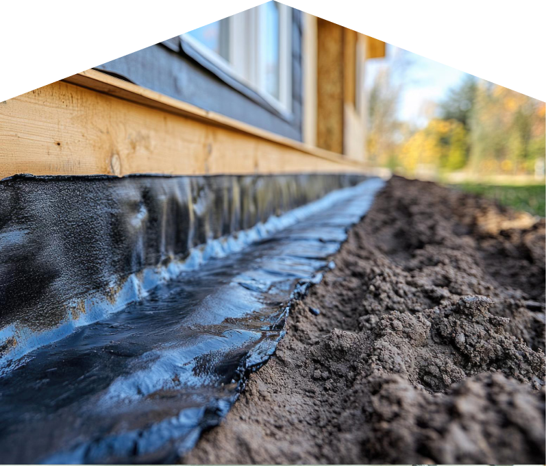 Exterior waterproofing completed by Furnasman, with a membrane sealing the lower foundation wall and a trench prepared for drainage installation. Exterior waterproofing completed by Furnasman, with a membrane sealing the lower foundation wall and a trench prepared for drainage installation.