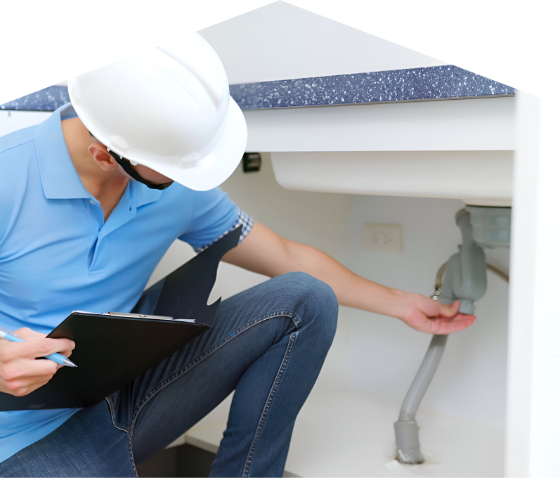 Furnasman plumbing specialist wearing a white hard hat, blue polo, and jeans, holding a clipboard while inspecting pipes under a sink for a water leak detection check. Furnasman plumbing specialist wearing a white hard hat, blue polo, and jeans, holding a clipboard while inspecting pipes under a sink for a water leak detection check.